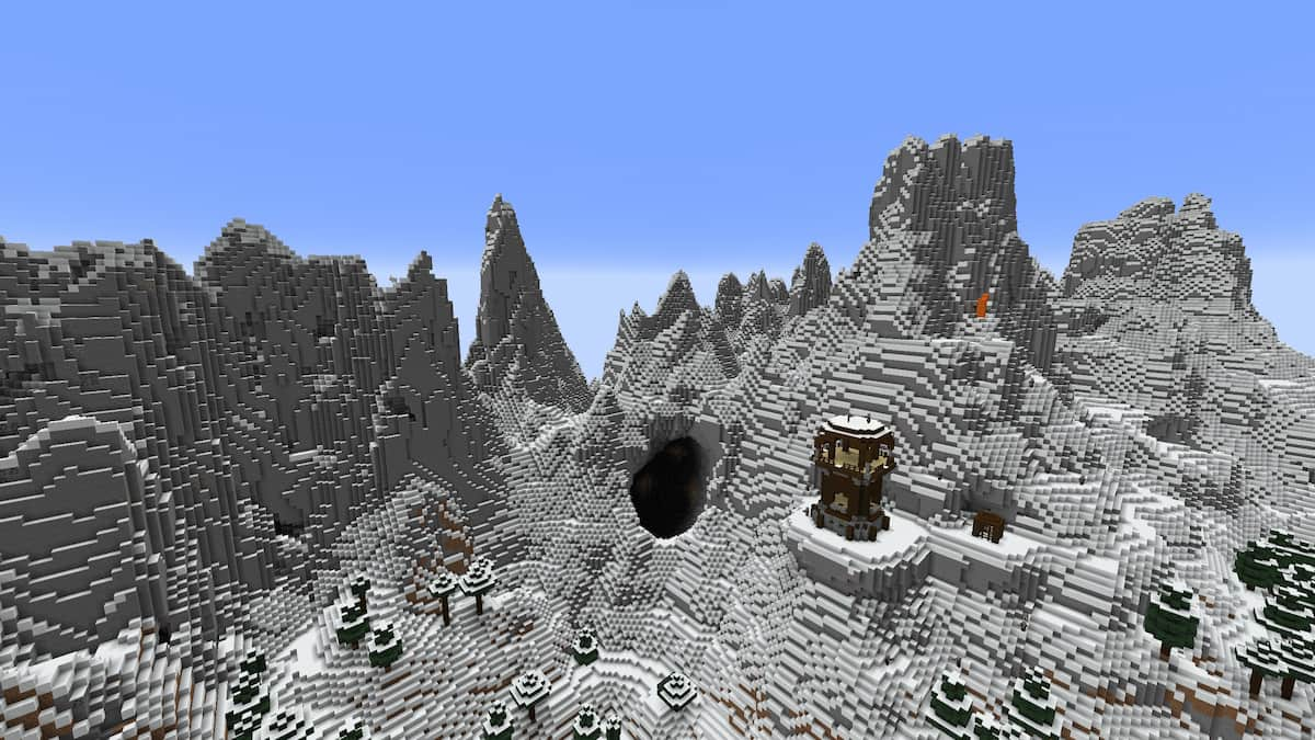 A Minecraft mountain range with two Pillager Outposts