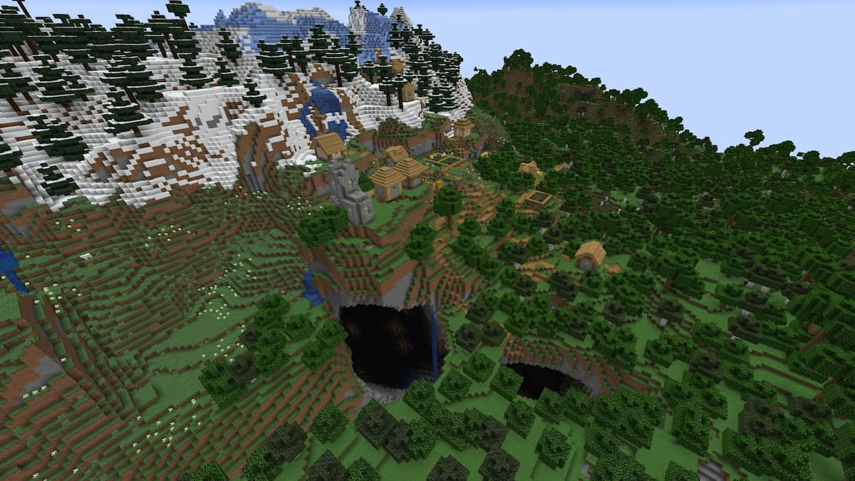 A Minecraft Plains Village on the side of a mountain and on top of a large cavern