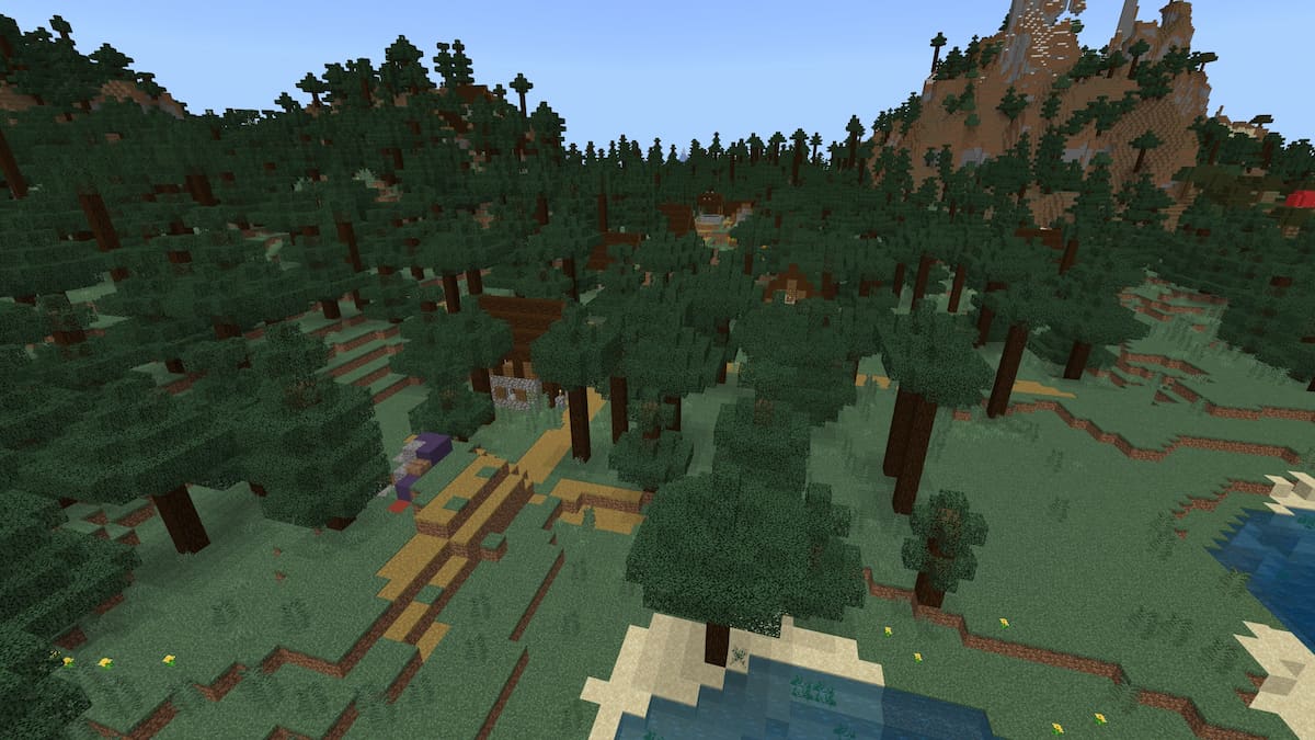 A Taiga Village in Minecraft with a Trail Ruins structure