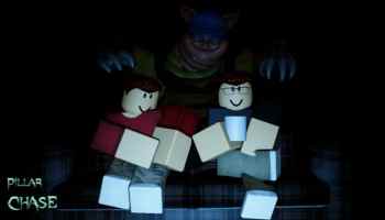 Pillar Chase 2 monster standing behind two humans