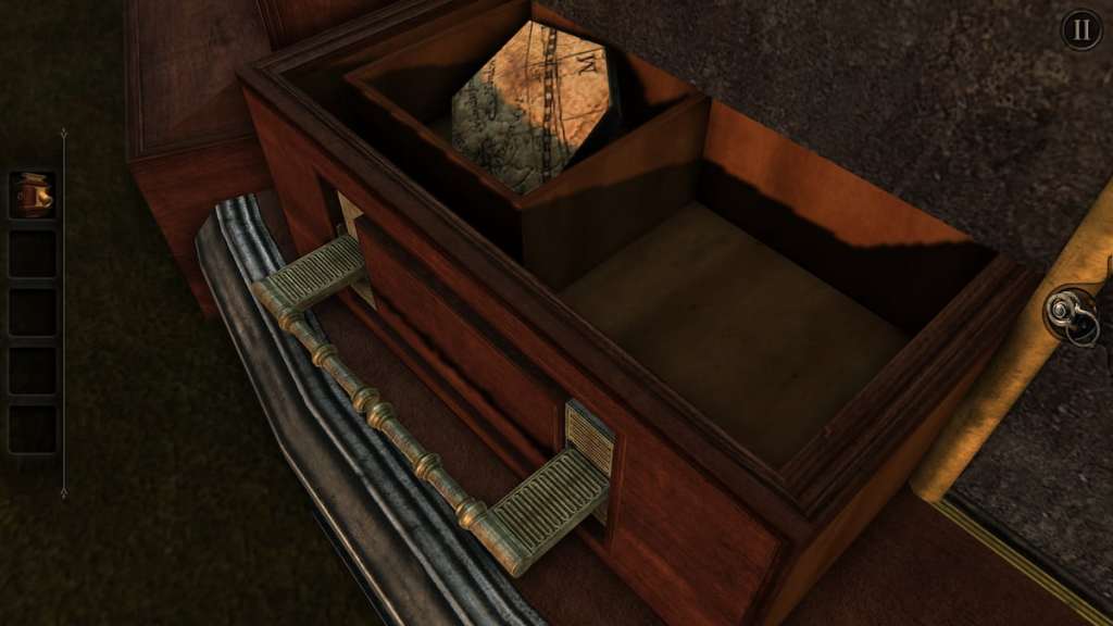 Getting the hexagonal map piece from a secret compartment in the flywheel drawer