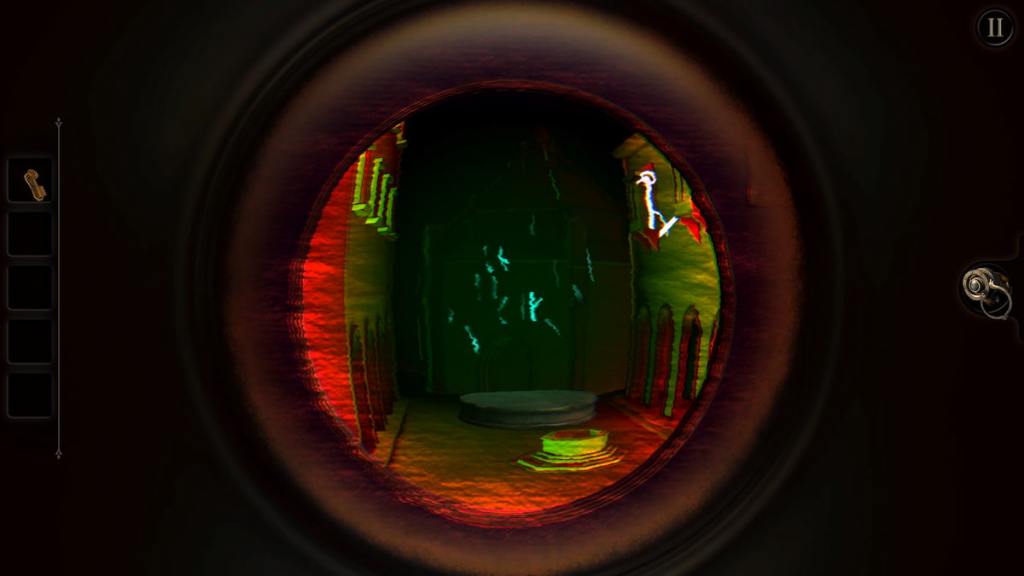 Using the lens to see the puzzle beyond the wooden door