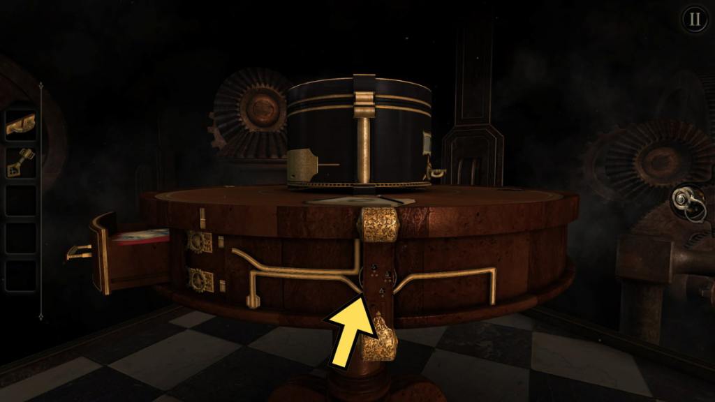 The location of the hint for the dot puzzle in Chapter 4 of The Room walkthrough