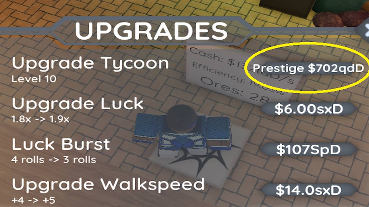The Prestige option in Tycoon RNG