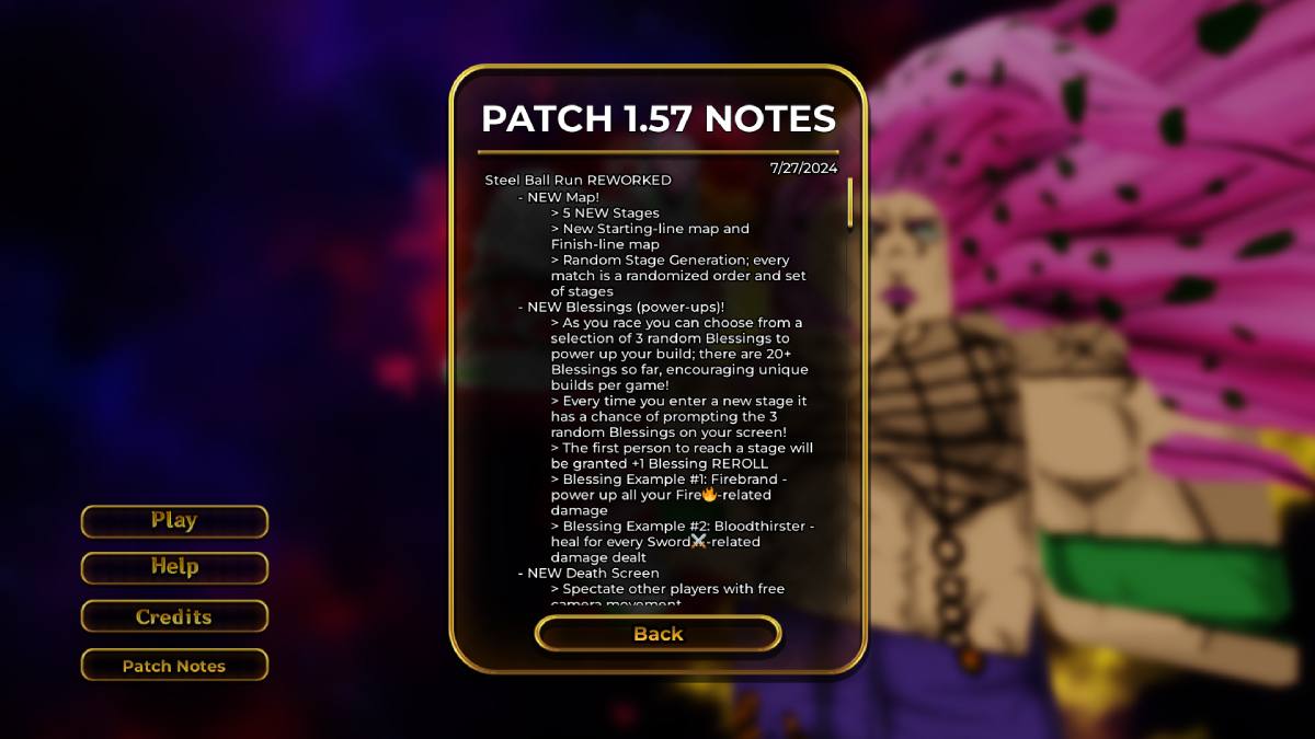 Your Bizzare Adventure 1.57 patch notes list