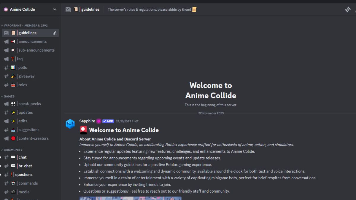 Anime Collide Discord server welcome message
