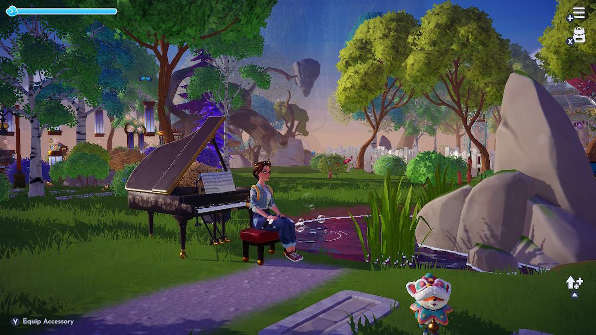 Avatar sitting on a piano bench by a pond with a fox nearby that's dressed as a Chinese dragon in Disney Dreamlight Valley.