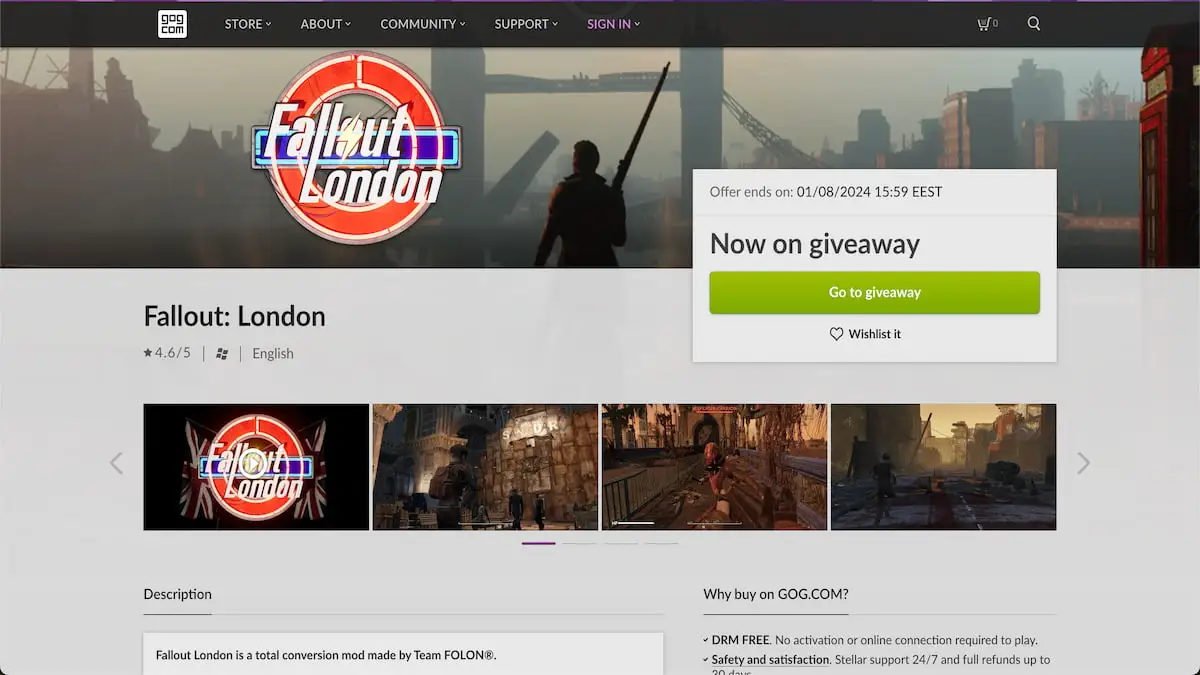 Fallout London listing on the GOG Store