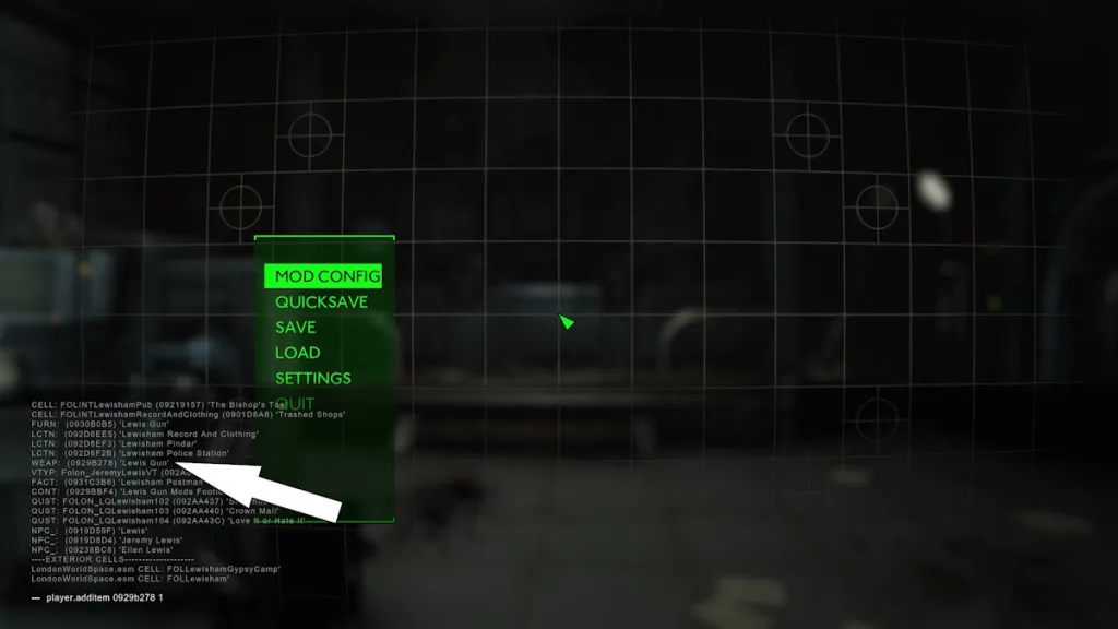 Using the console to spawn a weapon in Fallout London.