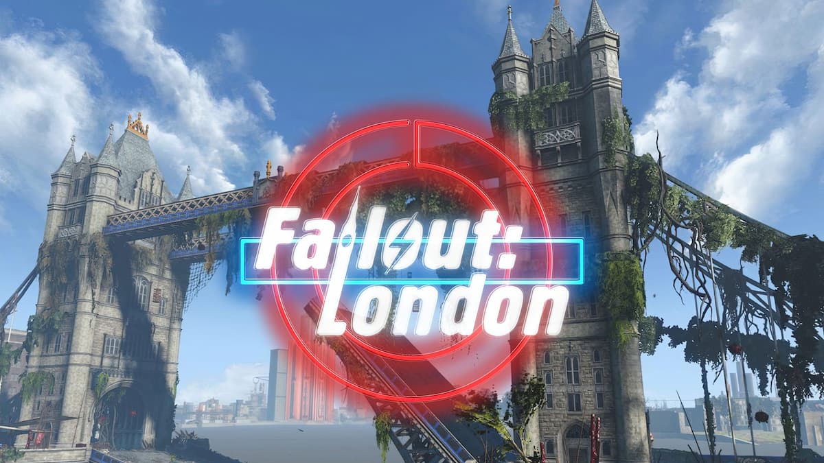 An overgrown Tower Bridge in London with the Fallout London logo in front of it.