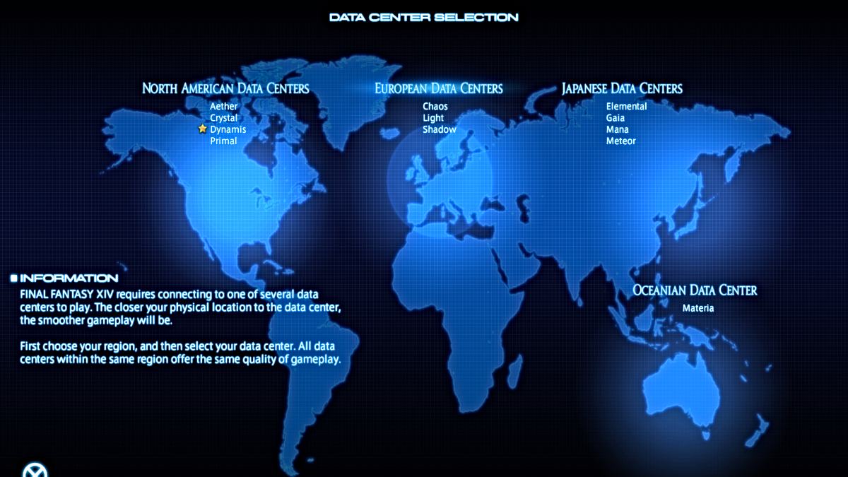 Data Center menu in Final Fantasy XIV