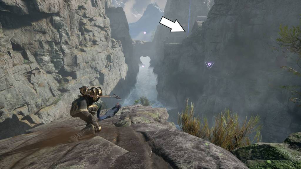 Pointing out the rest point light on the approach to the Enlightened Peaks in Flintlock: The Siege of Dawn.