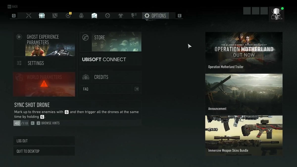 Ghost Recon Breakpoint main menu screen