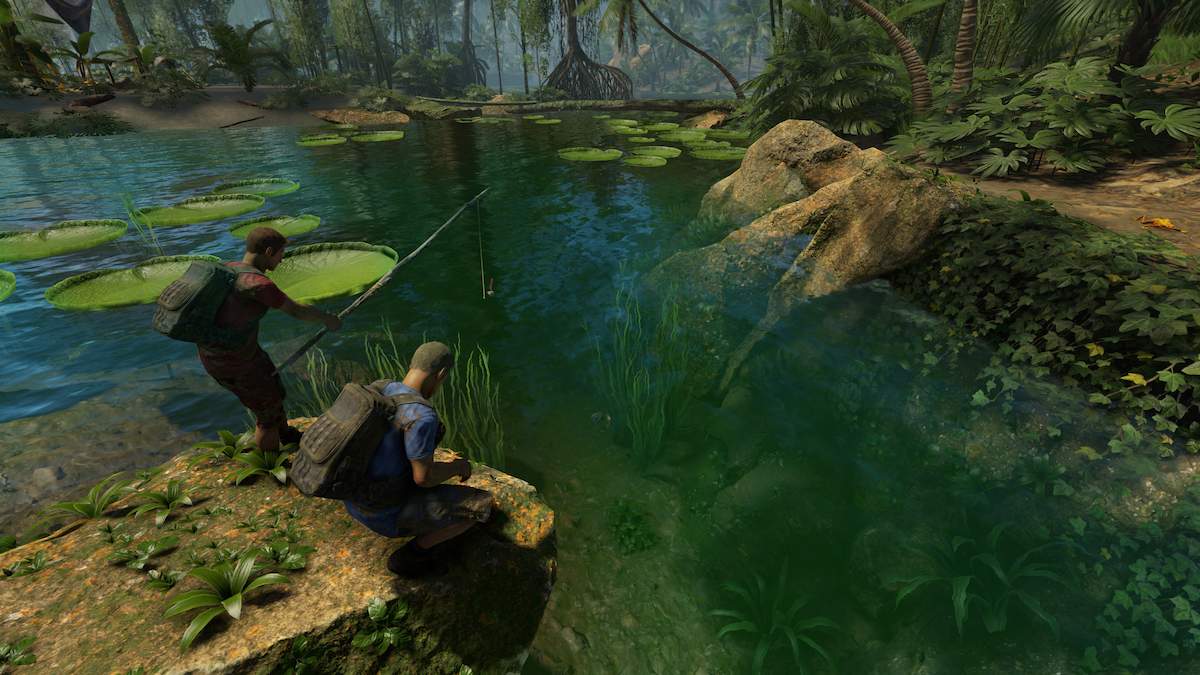 Two players fishing together in Green Hell.