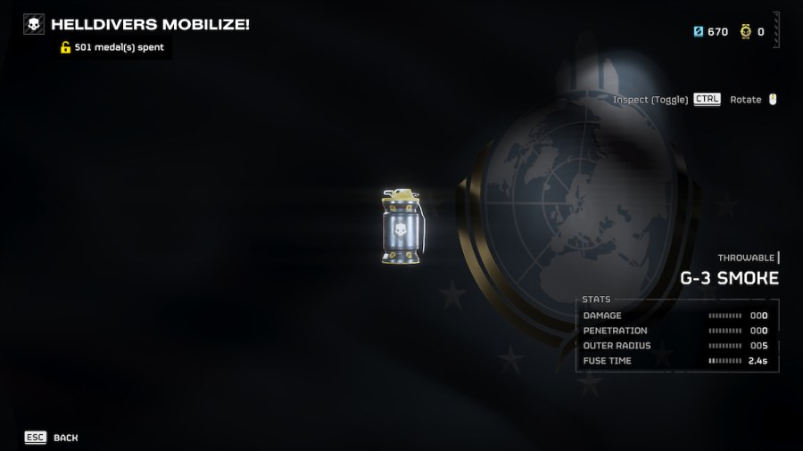 The G-3 Smoke grenade in the Acquisitions menu of Helldivers 2