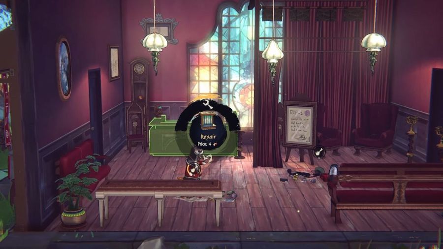 Repairing the hotel lobby in Hotel Galactic.