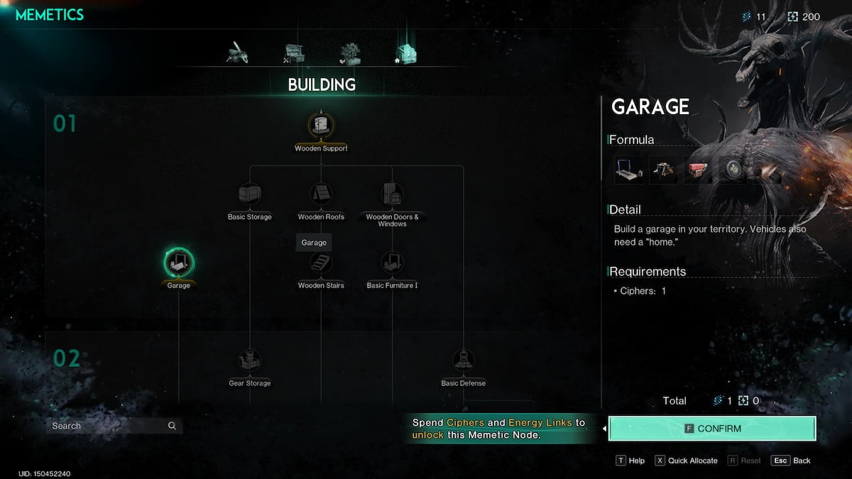 The Memetics screen with the Garage crafting skill highlighted in Once Human