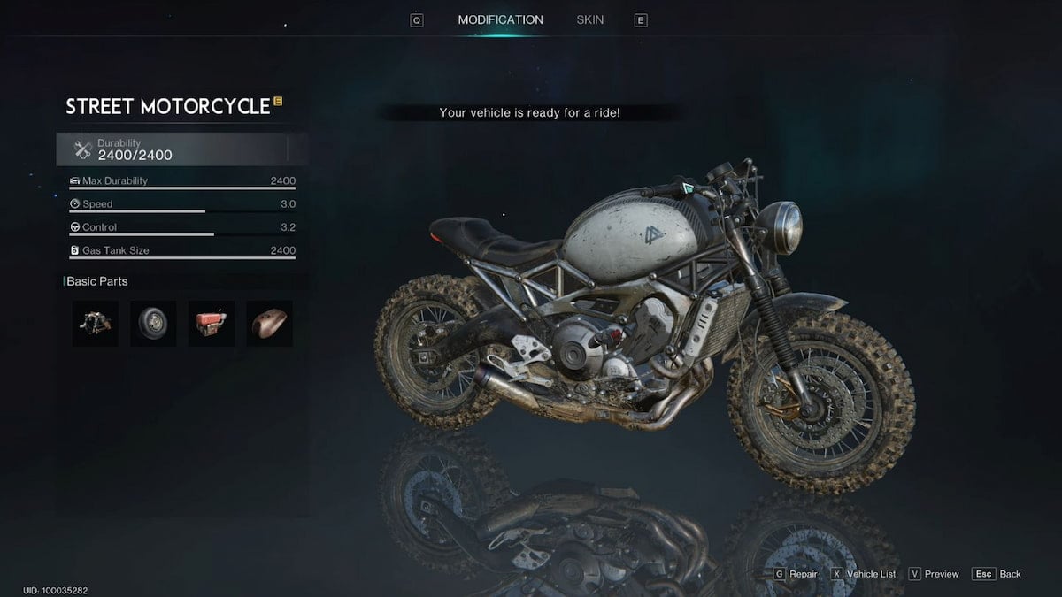 The Street Motorcycle in the Crafting Menu of Once Human