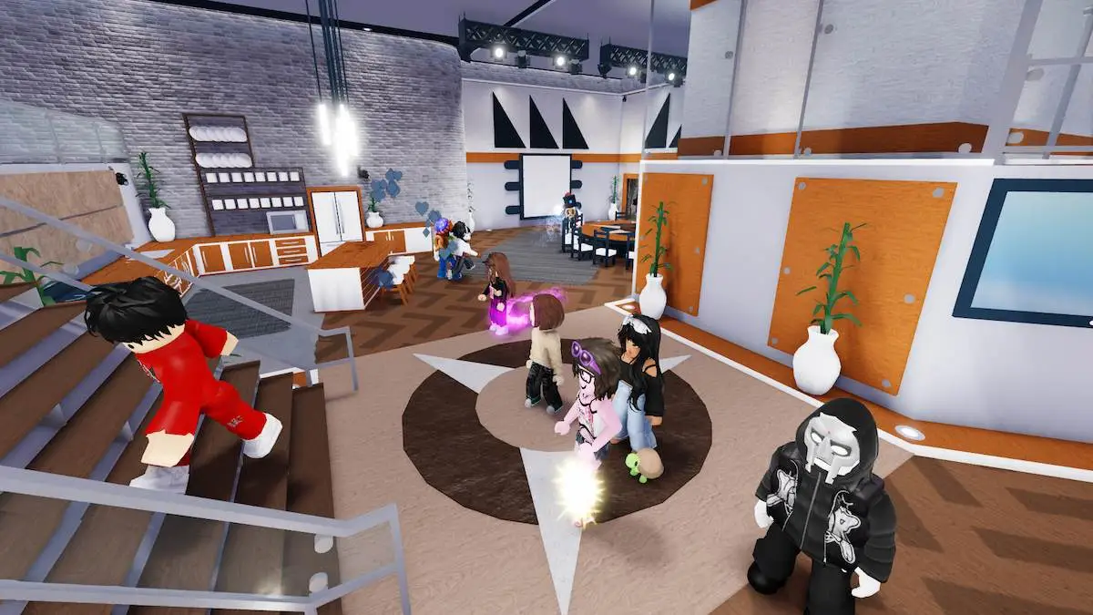 Several avatars in a house in Roblox Eviction Notice.