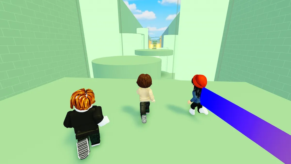 Three avatars running on a green course in Roblox Parkour Run!