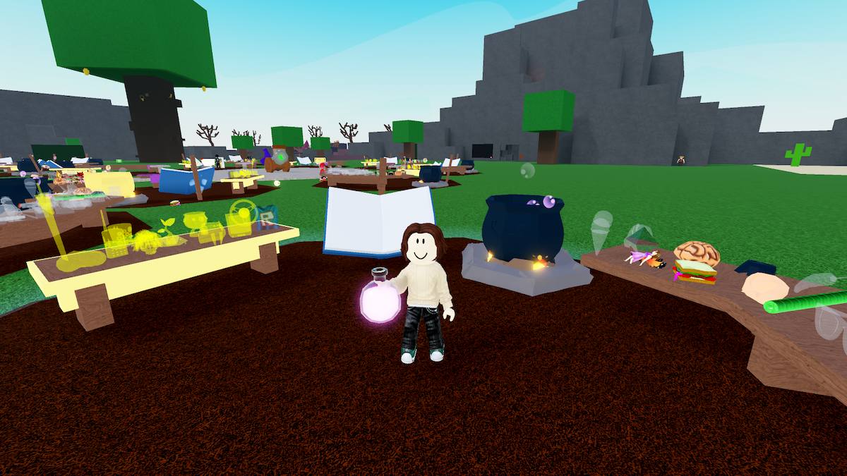Avatar holding a potion bottle in Roblox Wacky Wizard.