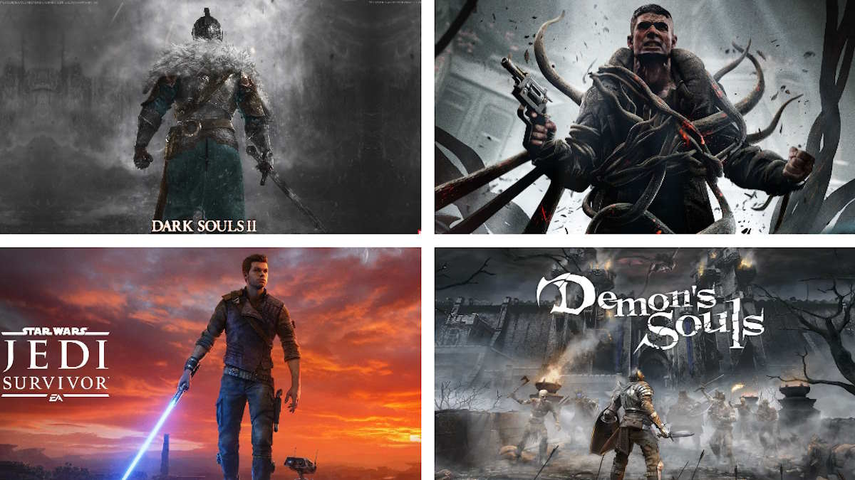Four of the best soulslike games, featuring Star Wars Jedi: Survivor, Dark souls II, Remnant: From the Ashes, and Demon’s Souls