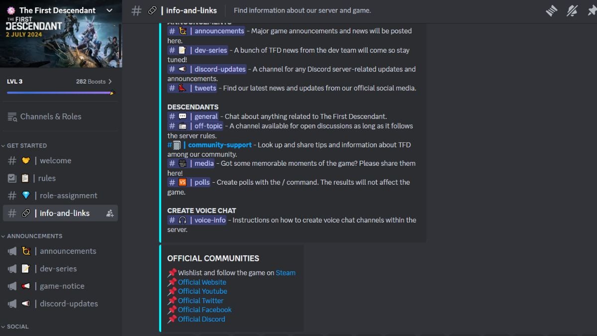 The First Descendant Discord server channels