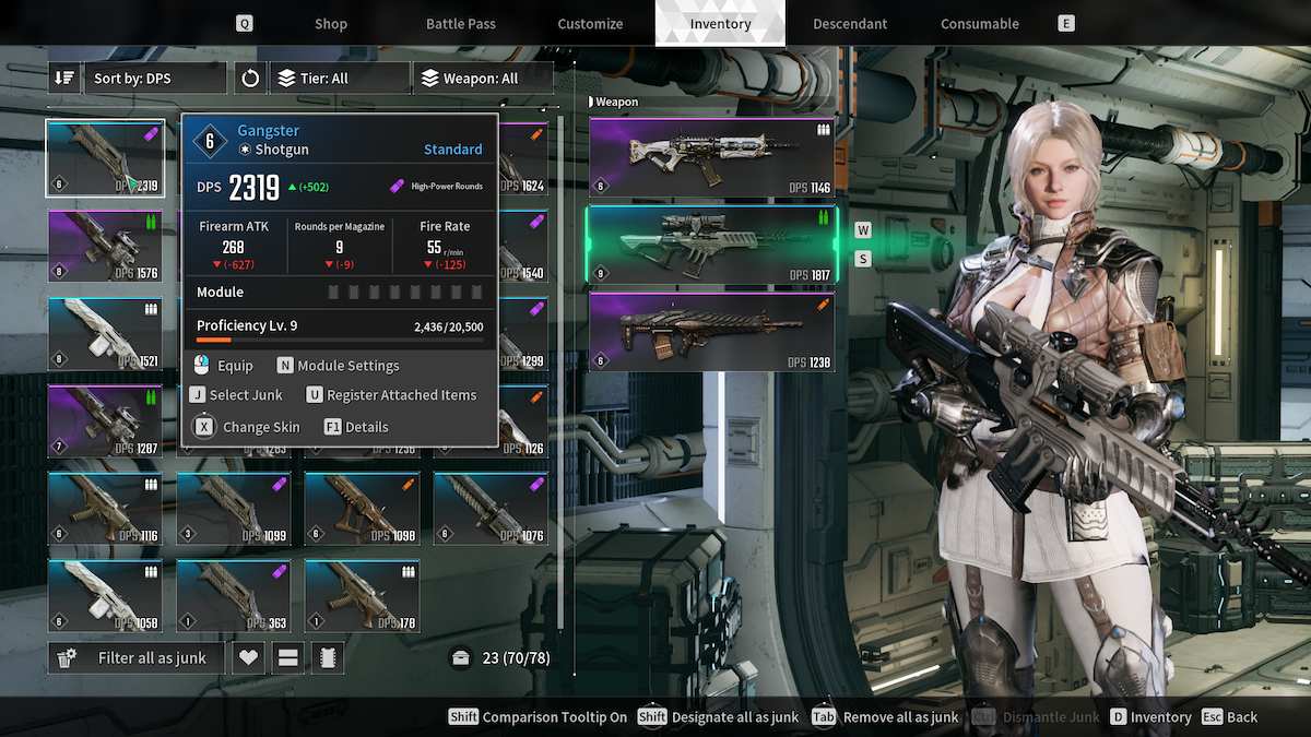 Showing a shotgun with purple/high-powered rounds in The First Descendant.