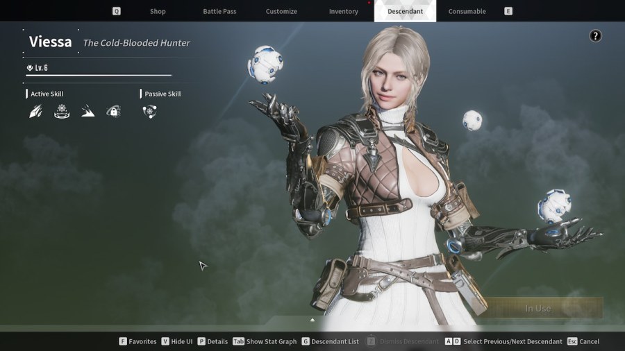 Descendant tab in The First Descendant, showing a level 6 Viessa.