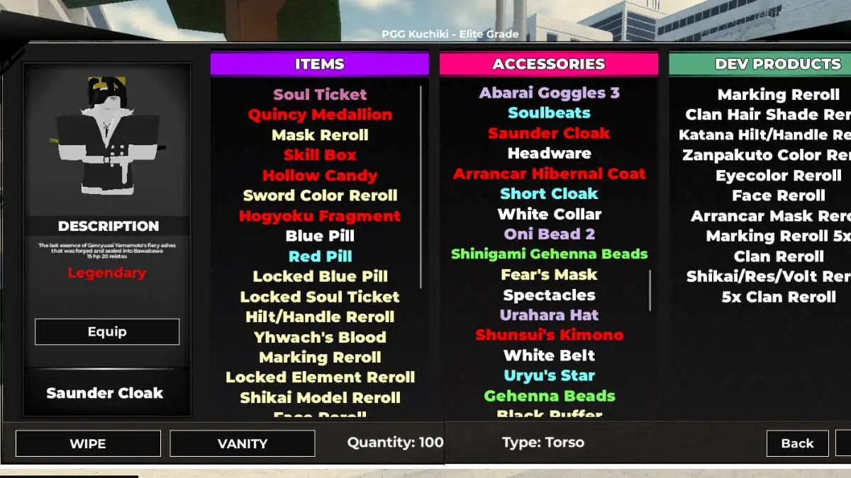 Accessories list in Roblox Type Soul