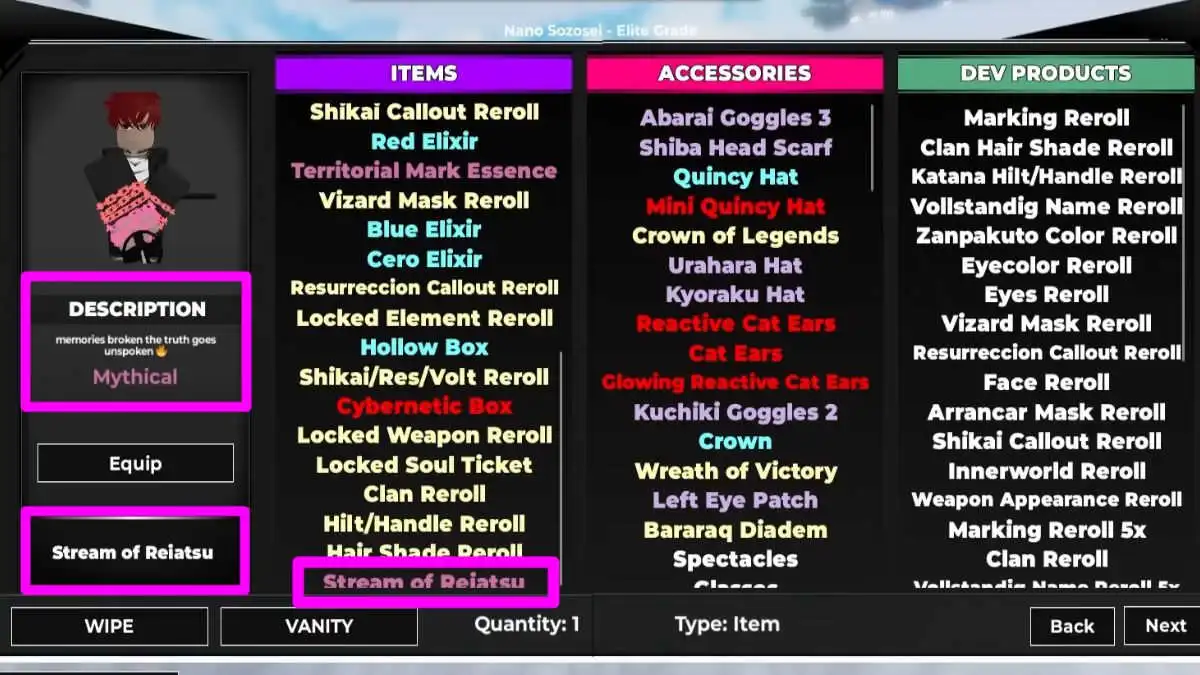 Type Soul inventory showing a mythical kendo weapon