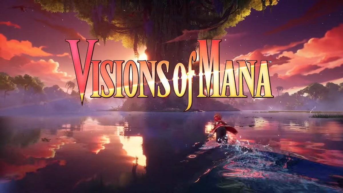Visions of Mana title over an ocean with a sunset in the background. Val is running in the foreground.