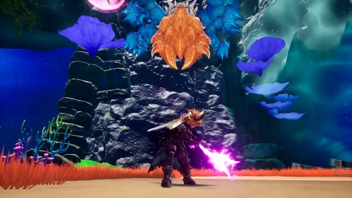Val using purple energy to pull an enemy towards himself in Visions of Mana.