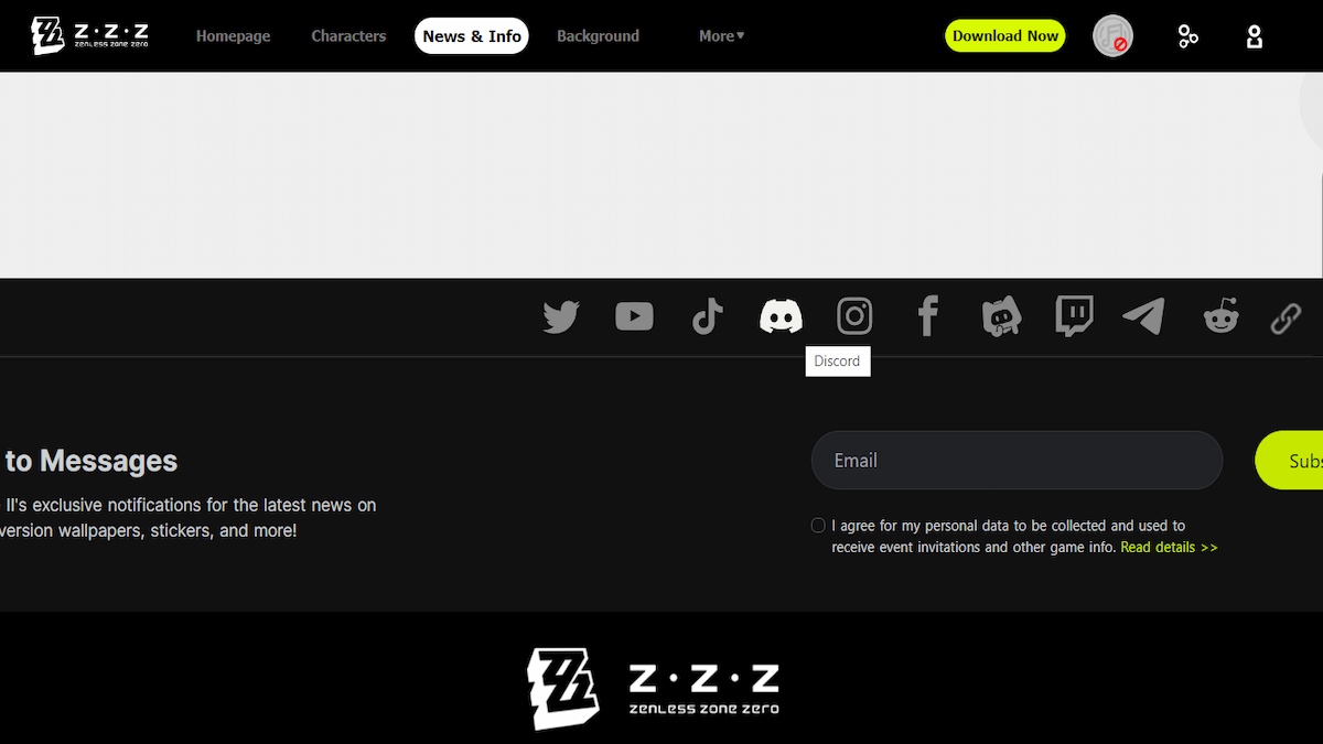 Zenless Zone Zero Discord link on the official page