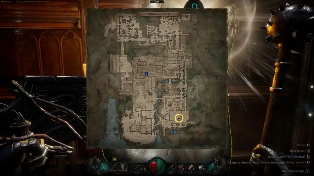 The location of the library Resurrection Stone on the map of Dungeonborne's Clouseau Castle