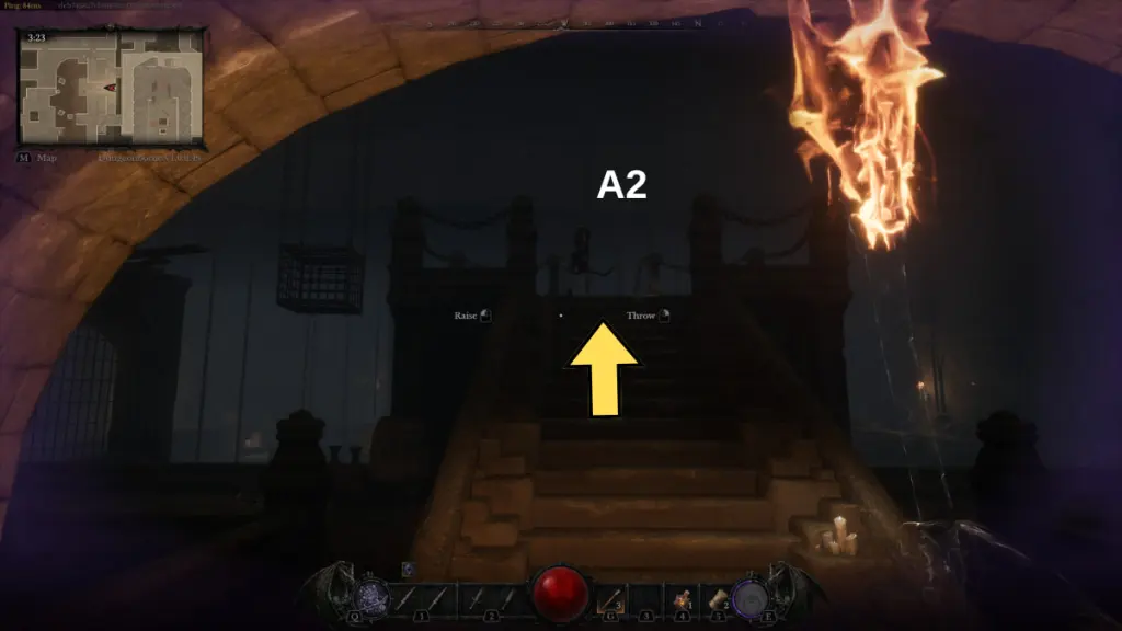 A staircase leading to the Sinner's End Resurrection Stone in the platform room in Dungeonborne