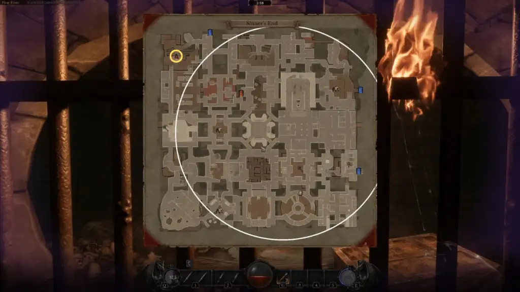 The location of the Sinner's End tunnel Resurrection Stone on a map in Dungeonborne