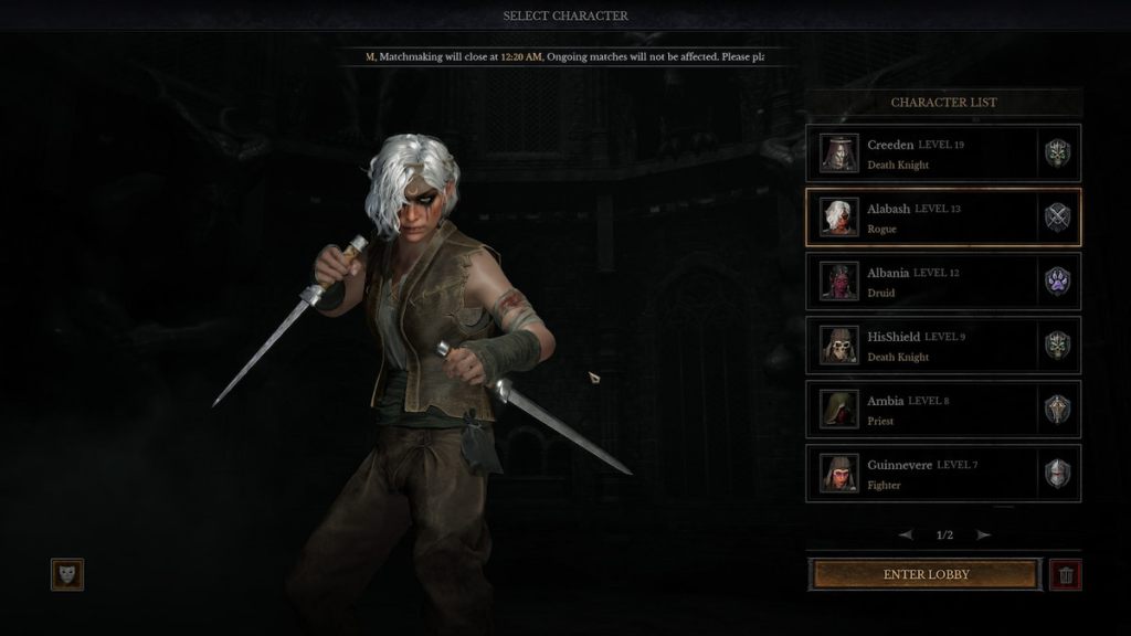 A list of created characters for one Dungeonborne player