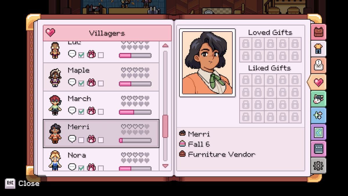 Vendor Merri's profile in Fields of Mistria.