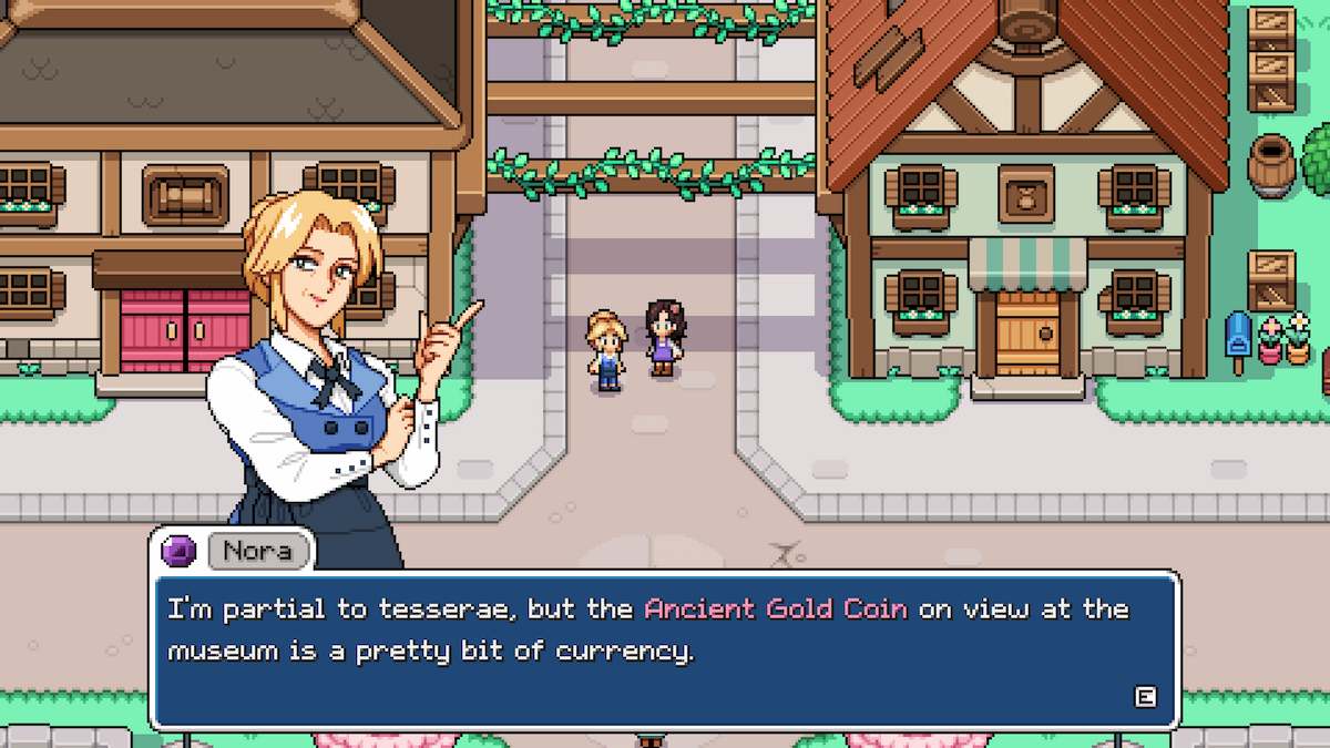 Nora talking about how much she likes Ancient Gold Coins in Fields of Mistria.