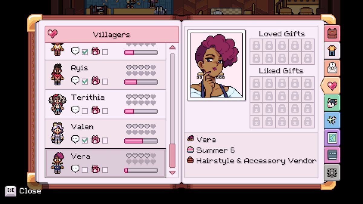 Vendor Vera's profile in Fields of Mistria.