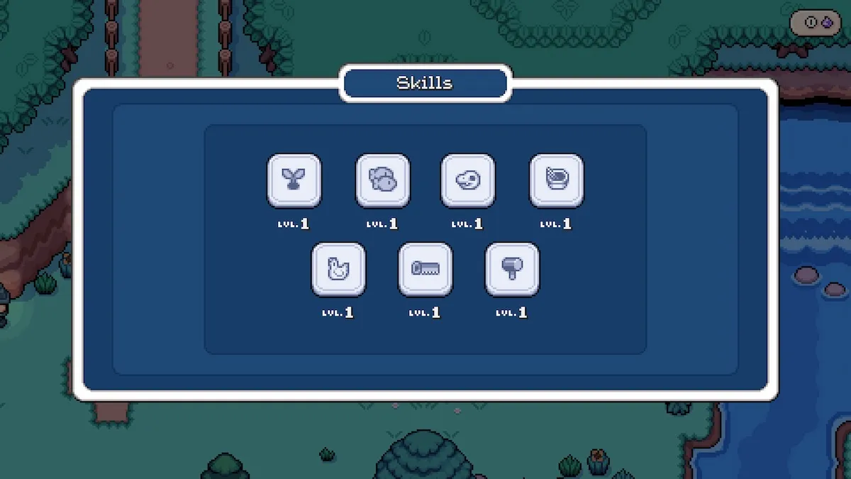 The skill categories in Fields of Mistria.