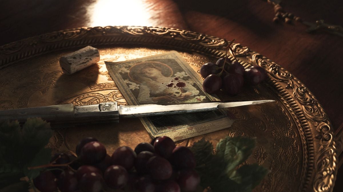 knife, grapes, and old image on the table in Mafia the Old Country