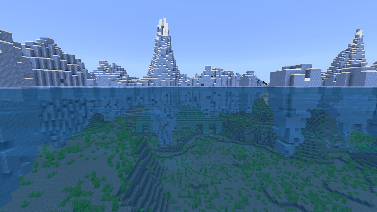 An Ocean Monument hidden beneath a small patch of ice in Minecraft