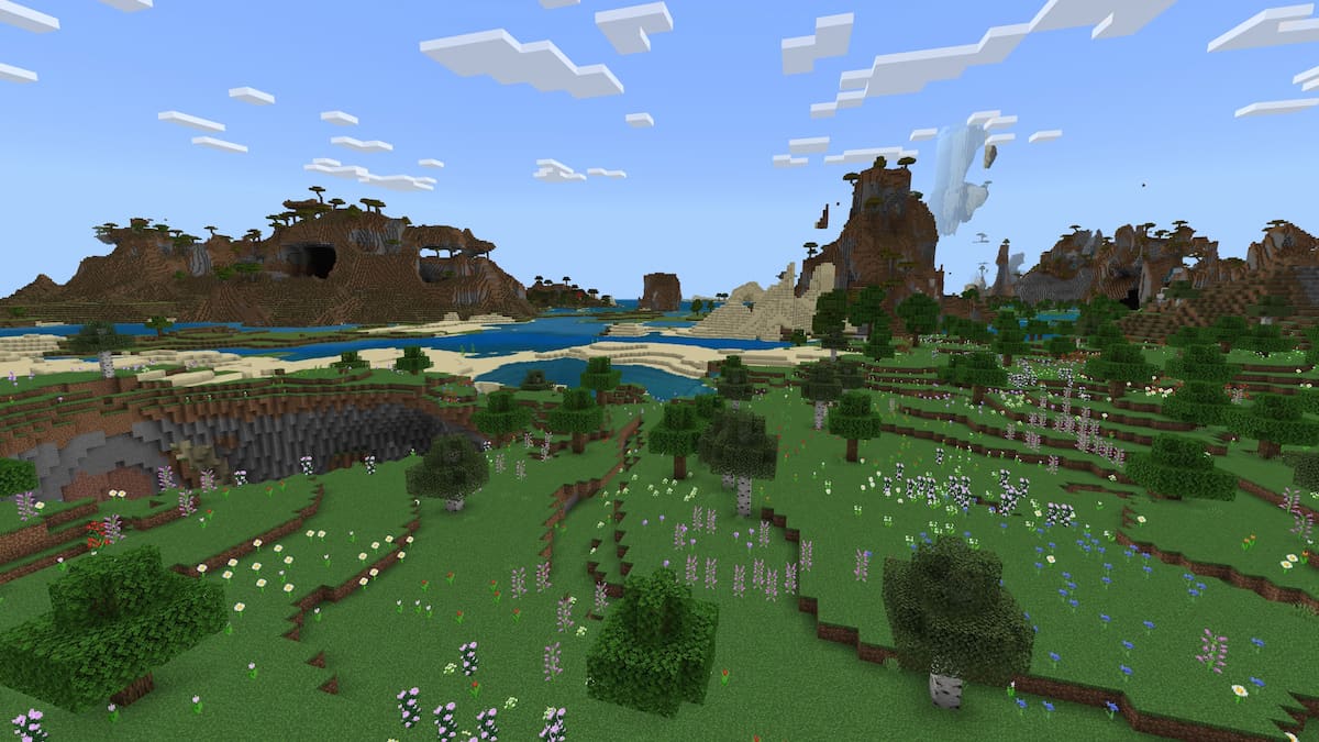 A Minecraft world with floating Windswept Savanna islands, flower meadows, and vast beaches