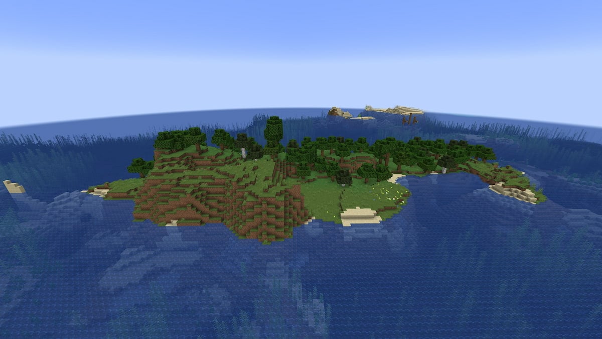 A small Minecraft island with a shipwreck in the ocean