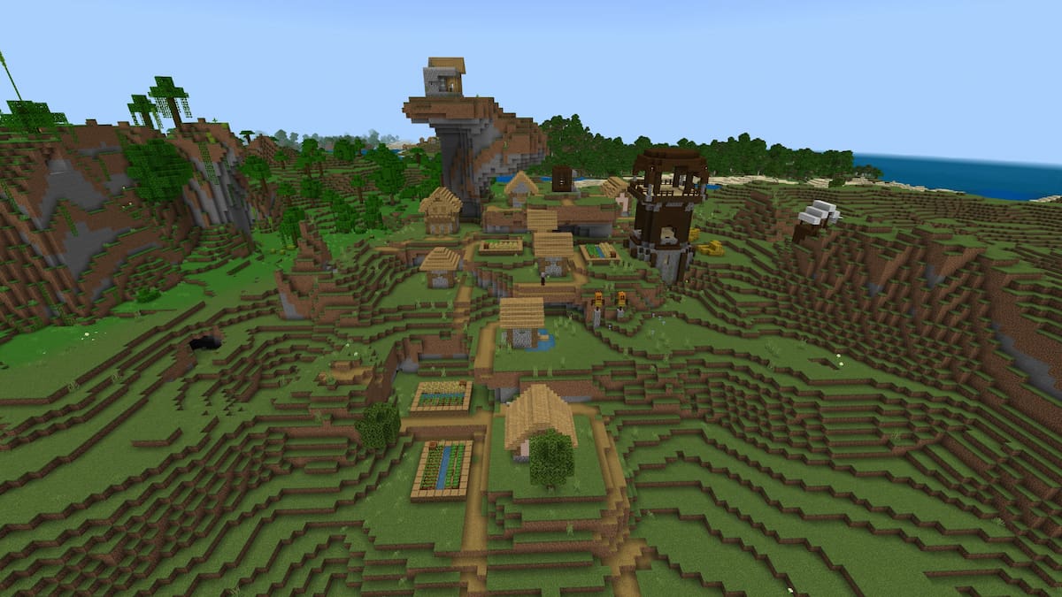 A Minecraft Plains Village with a Pillager Outpost in the center