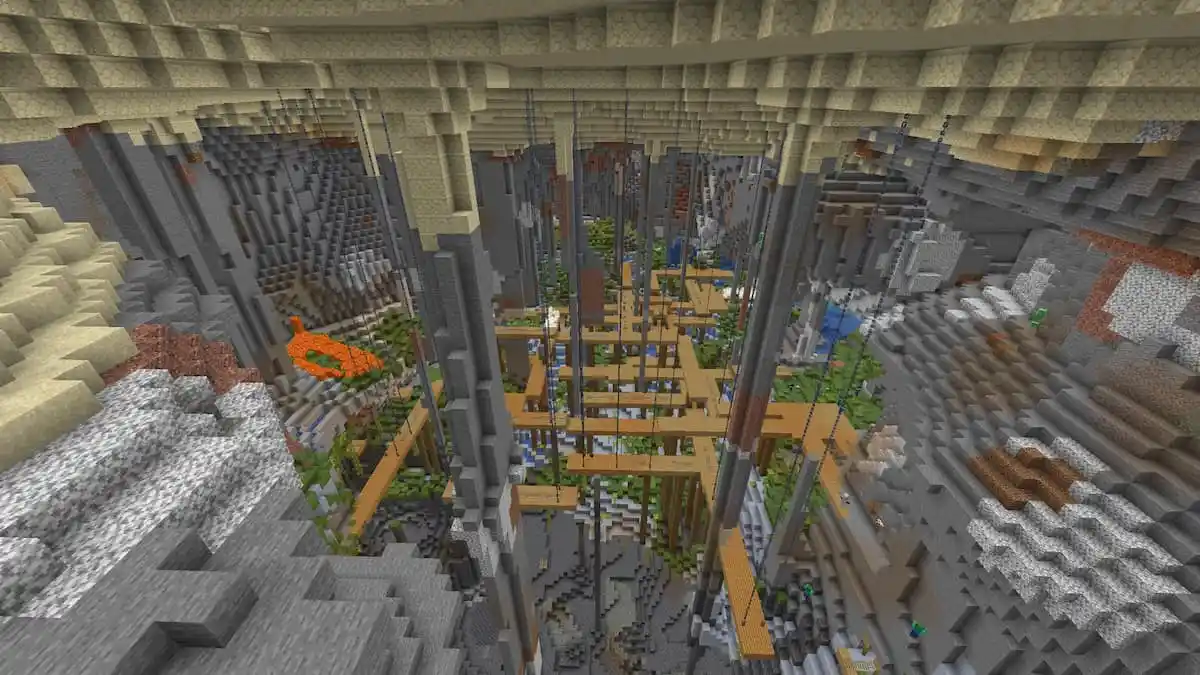 A large Minecraft Mineshaft in a Desert Lush Cave