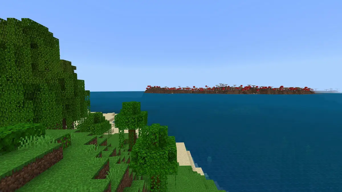 A Mushroom Island off the coast of a Mangrove Swamp in Minecraft