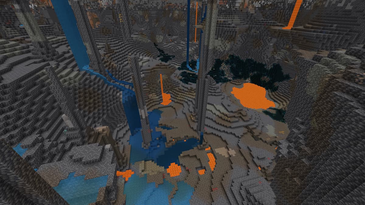 A deepslate cave with pools of lava and Deep Dark biome in Minecraft